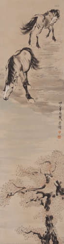 A Chinese Horse Group Painting Paper Scroll, Xu Beihong Mark
