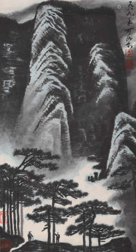 A Chinese Mountains Painting Paper Scroll, Li Keran Mark