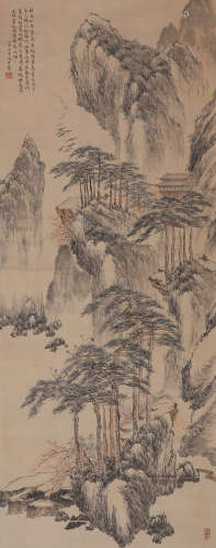 A Chinese Pines And Mountains Painting Paper Scroll, Fang Qi...