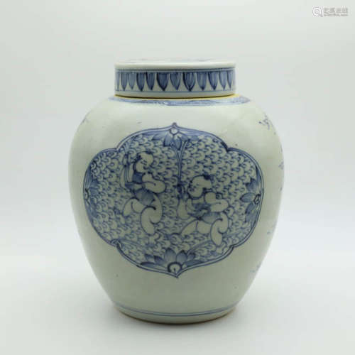 A Blue And White Children Lotus Seed Jar And Cover