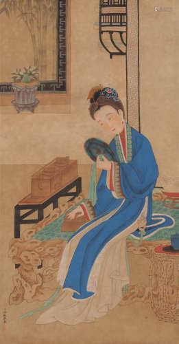 A Chinese Figure Painting Silk Scroll, Leng Mei Mark