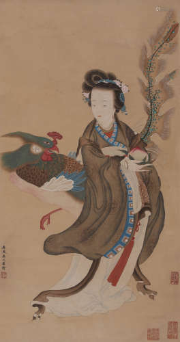 A Chinese Figure Painting Paper Scroll, Yu Zhiding Mark