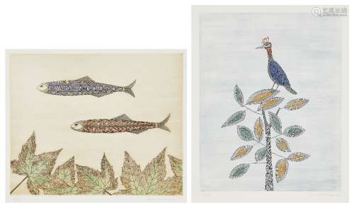 Keiko Minami, Japanese 1911-2004- Aigrette and Two Fish c.19...