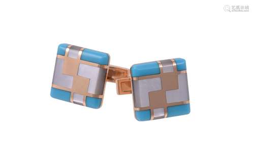 Y A pair of mother of pearl and turquoise cufflinks by Willi...