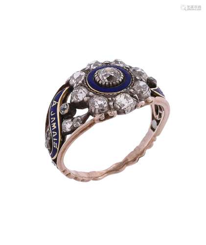 A diamond and blue enamel sentimental ring