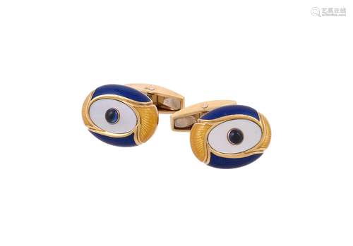 Y A pair of sapphire, mother of pearl and enamel cufflinks b...