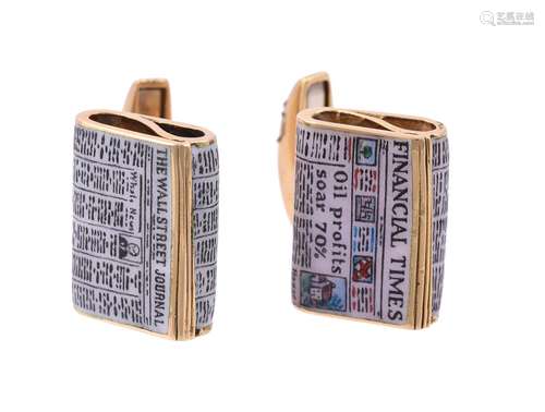 A pair of enamelled newspaper cufflinks by Deakin & Francis