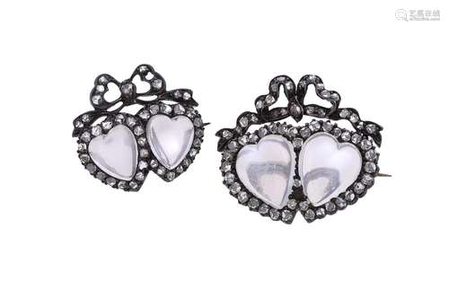 A pair of Victorian moonstone and diamond double heart brooc...