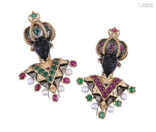 A pair of ruby, emerald and cultured pearl Othello brooches ...