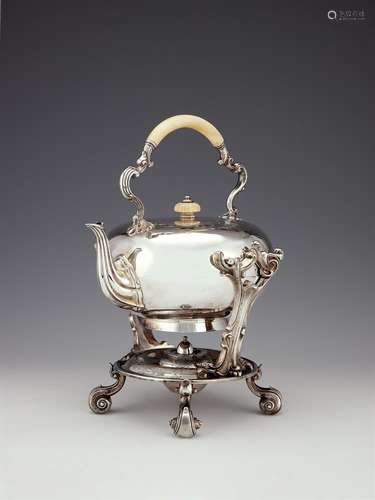 Y An early Victorian silver compressed spherical kettle on s...