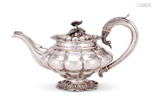 Y A William IV silver melon lobed tea pot by John James Whit...