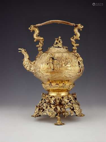 A heavy gauge late George III silver gilt ogee kettle on sta...