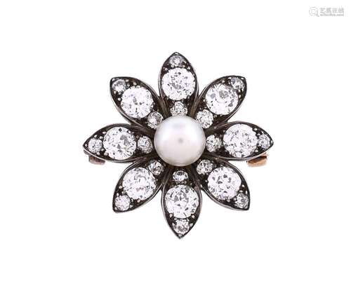 A late Victorian diamond and pearl flower head brooch