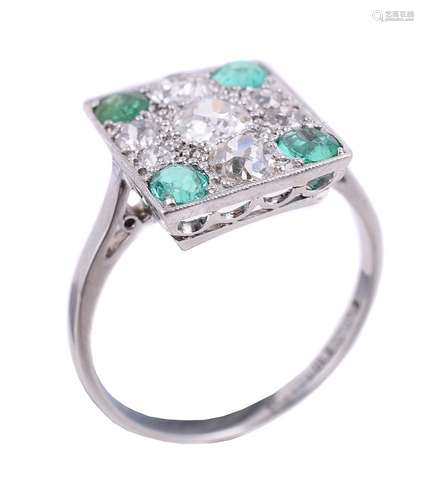 A mid 20th century diamond and emerald panel ring