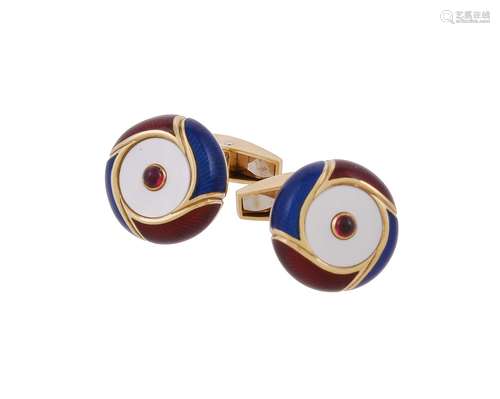 Y A pair of ruby, mother of pearl and enamel cufflink by Wil...