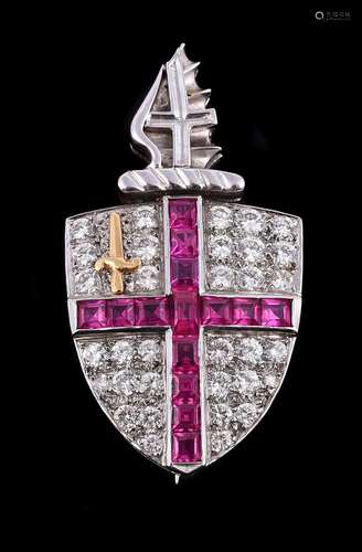 A diamond and synthetic ruby City of London brooch