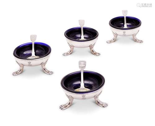 A set of four George I or II Irish silver cauldron salt cell...