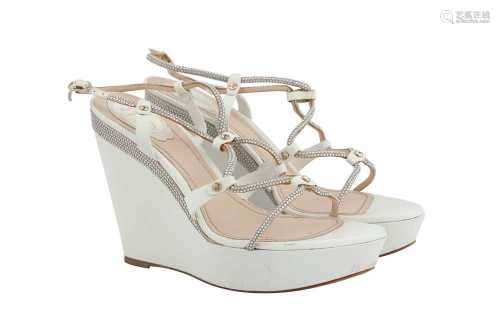 Rene Caovilla White Crystal Embellished Wedge Sandal - Size ...