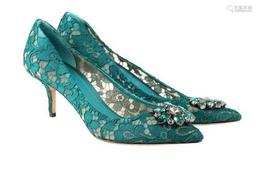 Dolce & Gabbana Teal Lace Embellished Kitten Heel Pumps - Si...