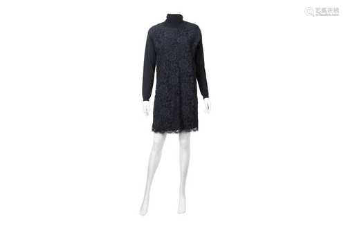 Valentino Navy Turtle Neck Knitted Lace Front Dress - Size L