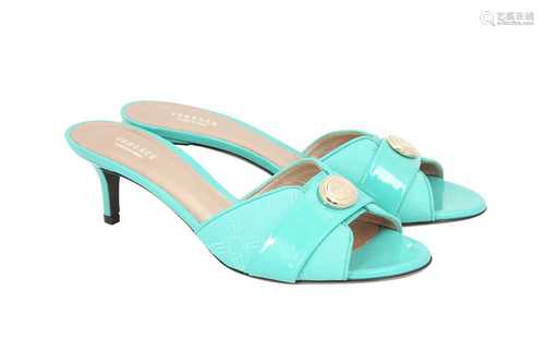 Versace Aqua Logo Kitten Heel Mules - Size 37