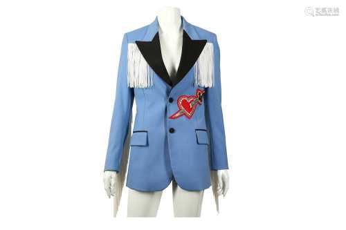 Gucci Powder Blue Heart Applique Fringed Jacket - Size 38