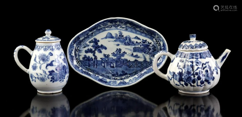 Porcelain ornate tray, mustard pot and teapot