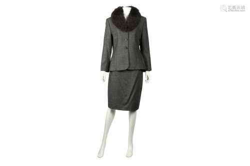Burberry Grey Fur Trim Skirt Suit - Size 42
