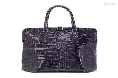 Bottega Veneta Purple Crocodile Framed Top Handle Bag