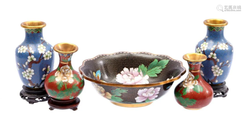 Cloissone bowl and 4 vases