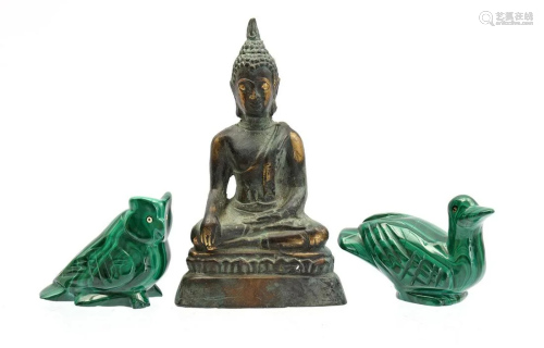 Bronze Thai Buddha statuette and 2 malachite statuettes