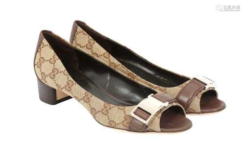 Gucci Beige Monogram Open Toe Court - Size 36.5