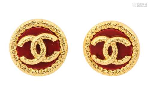 Chanel Red CC Logo Pierced Earrings