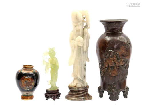 Chinese jade, stone figurine, vase and cloisonne vase