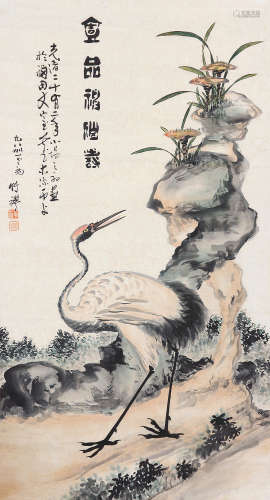 1824～1901 竹禅  湖仙鹤寿 设色纸本 镜片