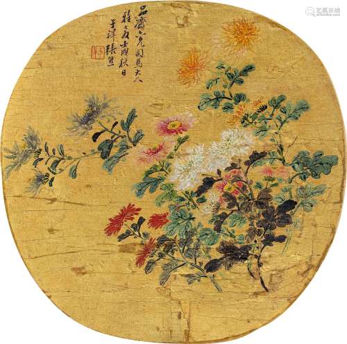 1803～1886 张熊 壬戌（1862）年作 繁花似锦 设色金笺 团扇片