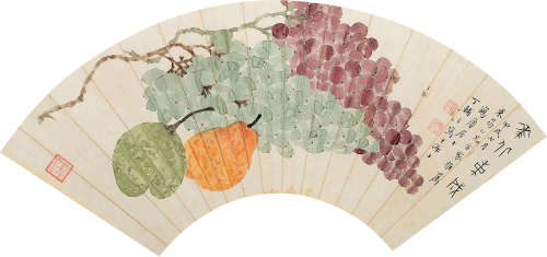 1879～1949 丁辅之 甲戌（1934）年作 果蔬图 设色纸本 扇片框