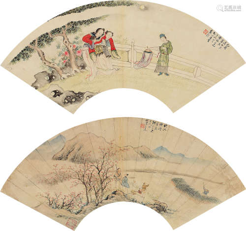 1794～1877*民国 王素*燕铠  人物故事二幅 设色纸本 扇片