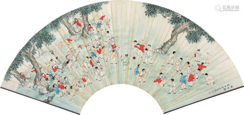 1902～1967 陈缘督  百子图 设色纸本 扇片