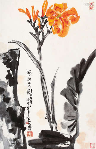 1897～1971 潘天寿 丙申（1956）年作 鸡冠花 设色纸本 立轴
