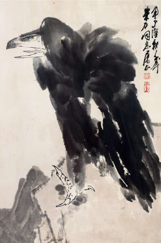 b.1936 王子武 甲子（1984）年作 老鹰 水墨纸本 镜框