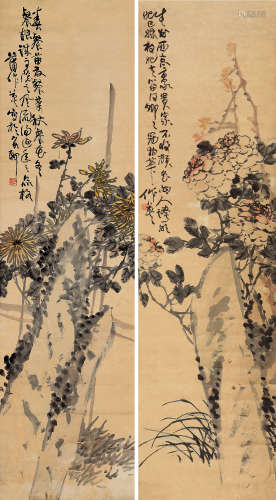 1839～1911 蒲华  花卉对屏 设色纸本 立轴
