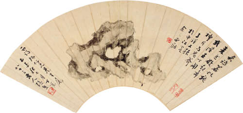 1803～1886 张熊 乙酉（1885）年作 灵石图 水墨纸本 扇片