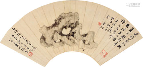1803～1886 张熊 乙酉（1885）年作 灵石图 水墨纸本 扇片