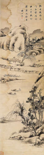 1615～1698 查士标  清溪闲钓图 水墨纸本 镜片