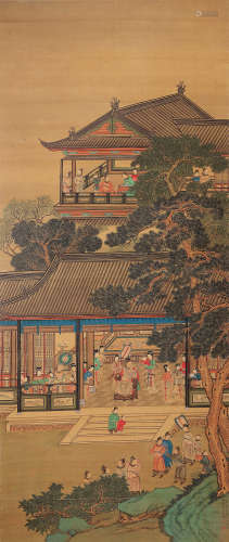 清 冯宁 己巳（1809）年作 宫院图 设色绢本 立轴