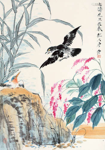 1910～1993 唐云  红花飞雀 水墨纸本 镜片