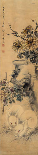 1885～1928 金寿石 乙丑（1925）年作 双兔图 设色纸本 立轴