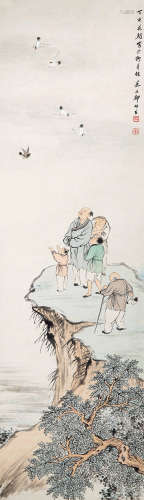 1901～1982 郑慕康 丁亥（1947）年作 放鹤图 设色纸本 立轴