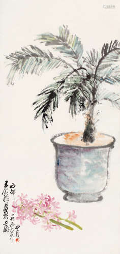 1897～1988 王个簃 1956年作 花卉盆栽 设色纸本 立轴